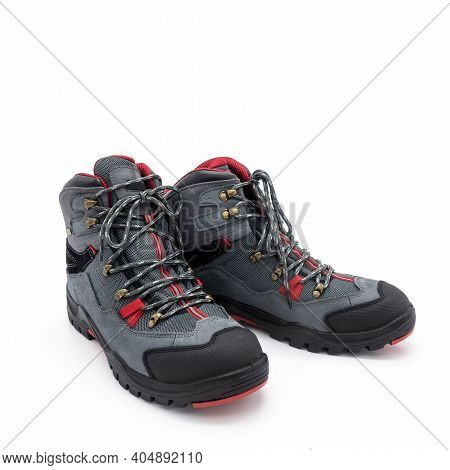 Trekking Boots For Men Made Of Natural Nubuck And Synthetic Mesh. Gray With Red And Black Trim. Meta