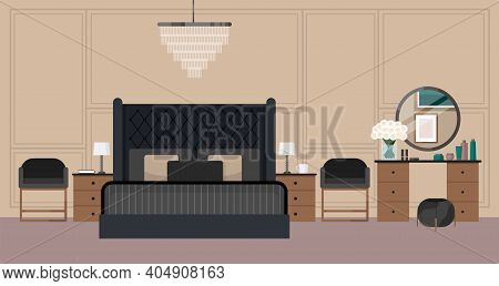 Luxurious Bedroom In A Classic Style, King Size Bed With A Headboard, Bedside Table, Lamp. Hotel Roo