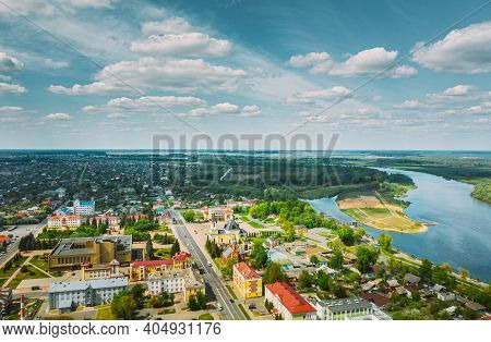 Rechytsa, Belarus. Aerial View Of Residential Houses And Famous Landmarks Of Town - Holy Assumption 
