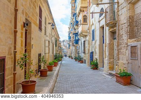 Typical Narrow Street With Stairs In The City Valetta On The Island Of Malta. 15 May 2019.