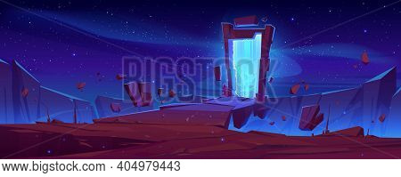 Magic Portal On Mountain Cliff With Flying Rocks Around, Fantasy Landscape Background With Glowing P