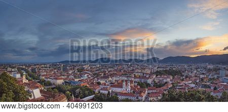 Cityscape Of Graz With Mariahilfer Church And Historic And Modern Buildings Of Graz, Styria Region, 