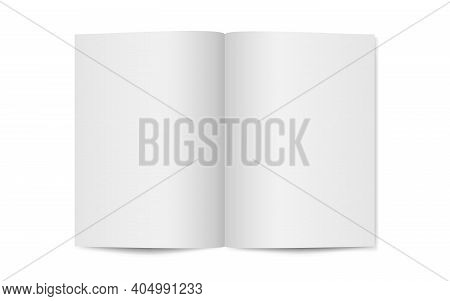 Magazine Mockup On White Backdrop. Opened Magazine Template. Vertical Catalog Or Brochure. Realistic