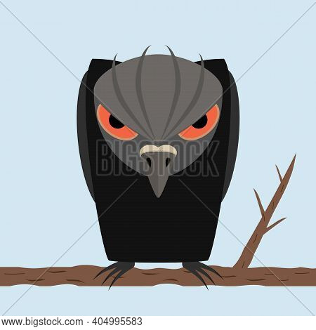 Cool beautiful cartoon black raven bird sitting on a tree branch. Vector illustration, drawing and clipart.