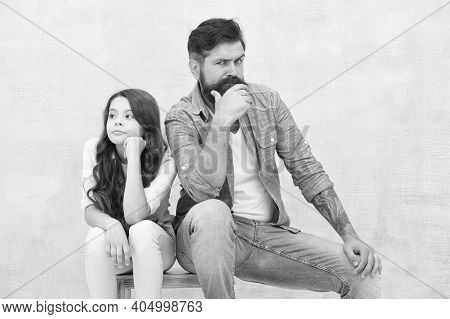 Quarrel Just For Fun. Unhappy Father Quarrel With Little Daughter. Ignoring Each Other. Conflict Or 