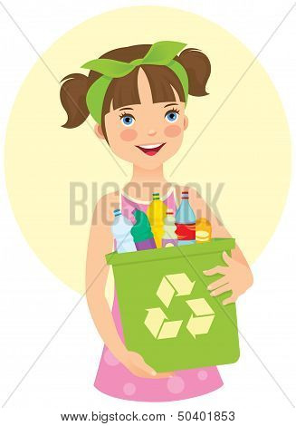 Little Girl Holding Recycling Bin