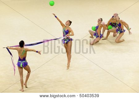 KIEV, UKRAINE - SEPTEMBER 1: Team Spain performs the routing with balls and ribbons during the 32nd Rhythmic Gymnastics World Championships in Kiev, Ukraine on September 1, 2013