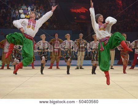 KIEV, UKRAINE - SEPTEMBER 1: Dancers in national costumes performs during closing ceremony of the 32nd Rhythmic Gymnastics World Championships in Kiev, Ukraine on September 1, 2013