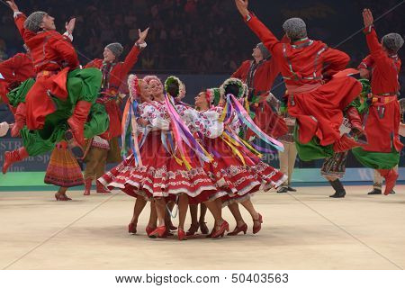 KIEV, UKRAINE - SEPTEMBER 1: Dancers in national costumes performs during closing ceremony of the 32nd Rhythmic Gymnastics World Championships in Kiev, Ukraine on September 1, 2013