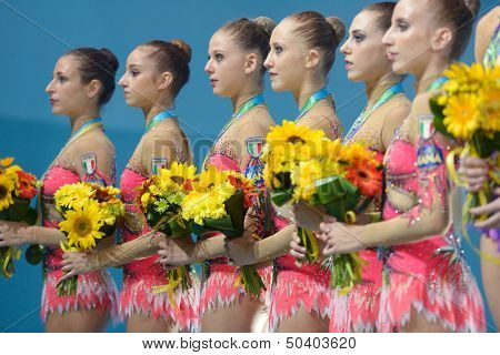 KIEV, UKRAINE - SEPTEMBER 1: Team Italy win silver in the routing with clubs during the 32nd Rhythmic Gymnastics World Championships in Kiev, Ukraine on September 1, 2013