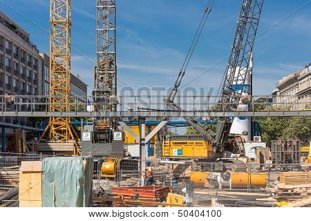 Berlin, Germany - July 24: Construction Site With Workers For The Realisation Of A New Subway In The
