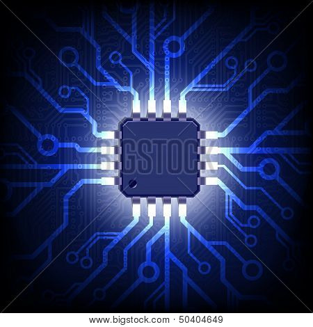 Circuit board with microchip. Vector background.