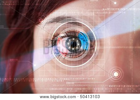 Modern cyber woman with technolgy eye looking