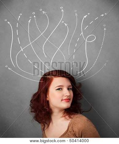 Pretty young woman thinking with arrows in different directions above her head