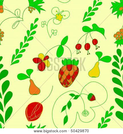 Hand draw fruit, berry and flower seamless pattern