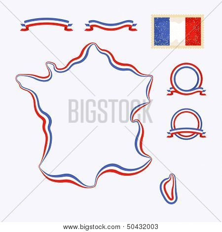 Outline map of France. Border is marked with a ribbon in the national colors. The package contains a stamp with flag and frames. The file is made with no transparencies and gradients.