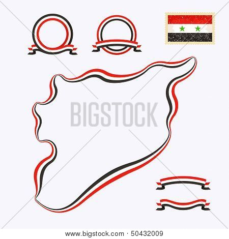 Outline map of Syria. Border is marked with a ribbon in the national colors. The package contains a stamp with flag and frames. The file is made with no transparencies and gradients.