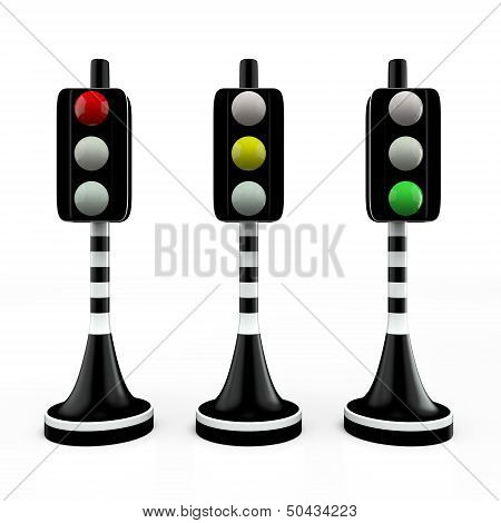 Three trafficlights, red, yellow, green
