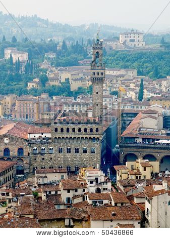 Florence Panoramic View And The Palazzo Vecchio And Arnolfo Tower. Florence, Italy
