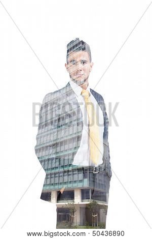 Multiple exposure of a businessman and a business building