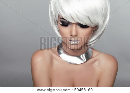 Fashion Beauty Portrait Woman. White Short Hair. Beautiful Girl's Face Close-up. Haircut. Hairstyle.