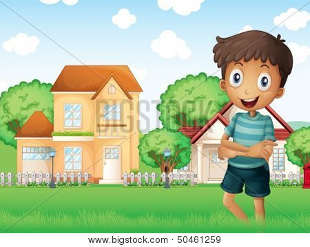 Illustration of a smiling boy standing in front of the neighborhood