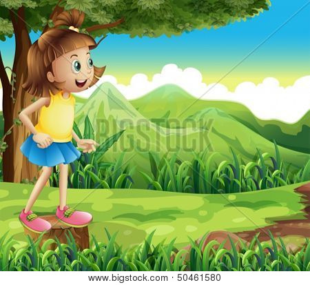 Illustration of a happy girl standing above a stump at the hill