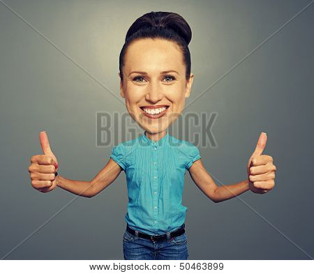 smiley bighead girl showing thumbs up and looking at camera