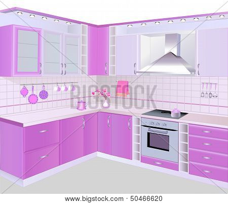 Kitchen Interior With Pink Furniture And Tiles