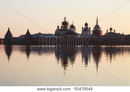 Landscape with the image of Solovetsky monastery on Solovetsky Island in White Sea, Russia