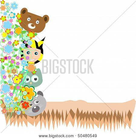 Animals In The Wood. Cartoon And Landscape