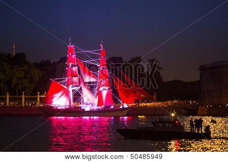 ST.PETERSBURG, RUSSIA - JUNE 24: Celebration Scarlet Sails show during the White Nights Festival, June 24, 2013, St. Petersburg, Russia. From 2010, public attendance grew to 3 million.