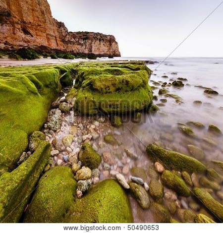 Rocks And Cliffs Of Porto De Mos Beach In The Morning, Lagos, Algarve, Portugal