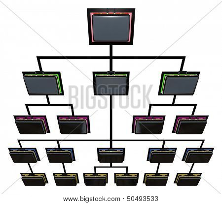An organization org chart with briefcases representing management, top leadership and best sales performers in a company or business