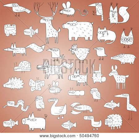 Funny Animals Collection In Black And White, With Outlines