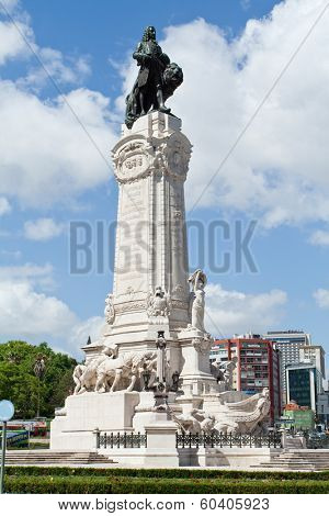 Lisbon, Portugal, May 12, 2013: Statue of the Marques do Pombal in the Roundabout with the same name in Lisbon. This roundabout has the highest number of car accidents in Portugal.