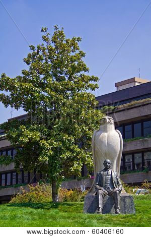 Lisbon, Portugal - April 14, 2013: Statue of Calouste Gulbenkian and the Foundation. One of the most important cultural centers and museums in Lisbon.