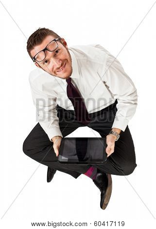 sit businessman with tablem isolated on white
