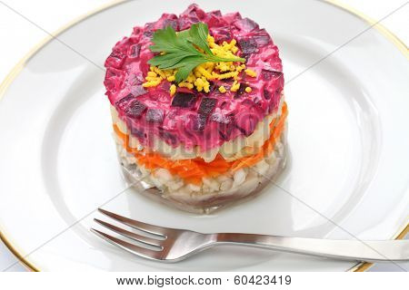Russian traditional salad, dressed herring under fur coat