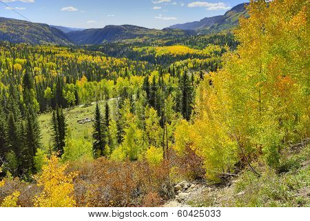 Yellow, Red And Green Aspens And Colourful Mountains Of Colorado