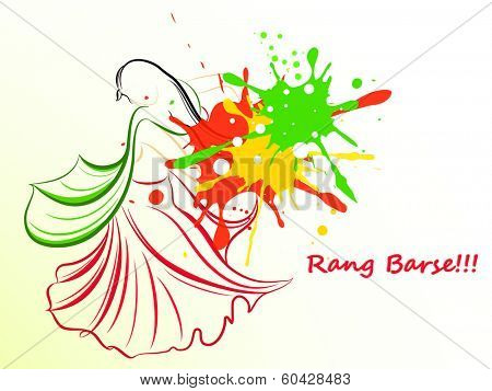 Indian festival Happy Holi celebrations concept with illustration of a young lady in traditional outfits stylish hindi text Rang Barse (Raining of colours) on colours splash background.