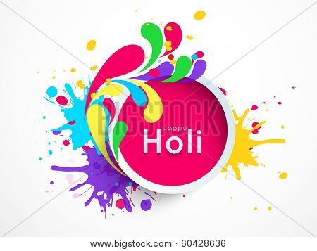 Indian festival Happy Holi celebrations sticky decorated by beautiful colourful floral design and splash on grey background, can be use as sticker, tag or label.