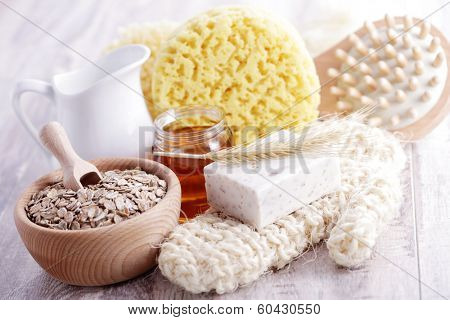 relaxing bath with oat soap honey and milk - beauty treatment