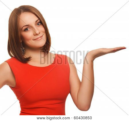blond woman showing open hand holding