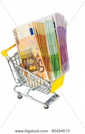euro bank notes in a shopping cart icon photo for purchasing power, shopping, money printing and inflation