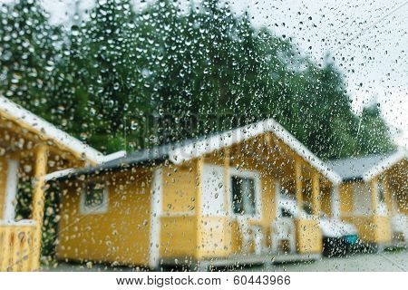 Camping cabins in heavy rain