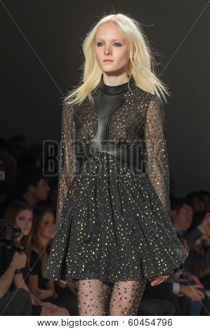 NEW YORK-FEB 8: A model walks the runway at the Jill Stuart fashion show during Mercedes-Benz Fashion Week Fall 2014 at Lincoln Center on February 8, 2014 in New York City.