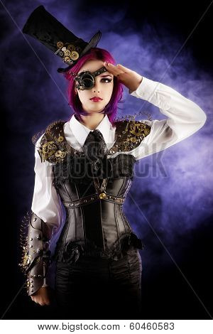 Girl in a stylized steampunk costume posing on a dark background. Anime.