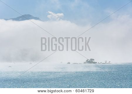 Lalu Island in the mist, the famous attraction of Sun Moon Lake in Taiwan, Asia.