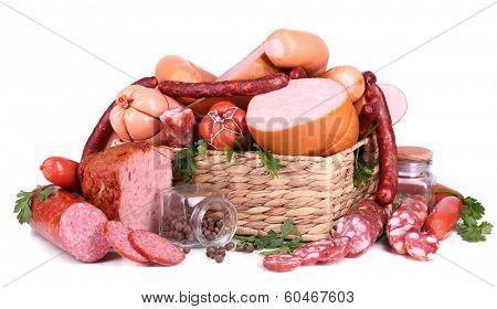 Lot of different sausages in basket isolated on white